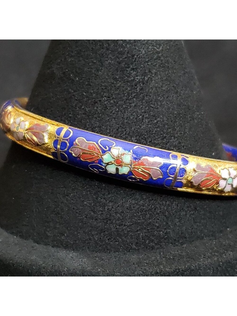 Vintage Cloisonne Bangle Bracelet Floral Blue Enamel Gold Tone 7.5"